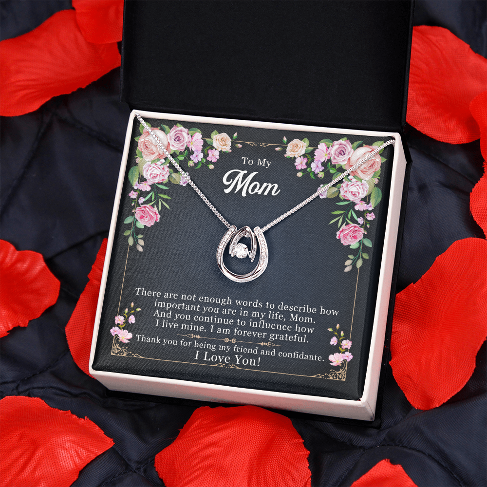 Mom Not Enough Words Lucky Horseshoe Necklace Message Card 14k w CZ Crystals-Express Your Love Gifts