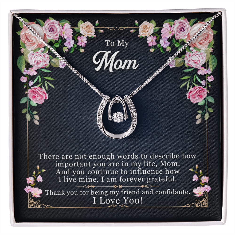 Mom Not Enough Words Lucky Horseshoe Necklace Message Card 14k w CZ Crystals-Express Your Love Gifts