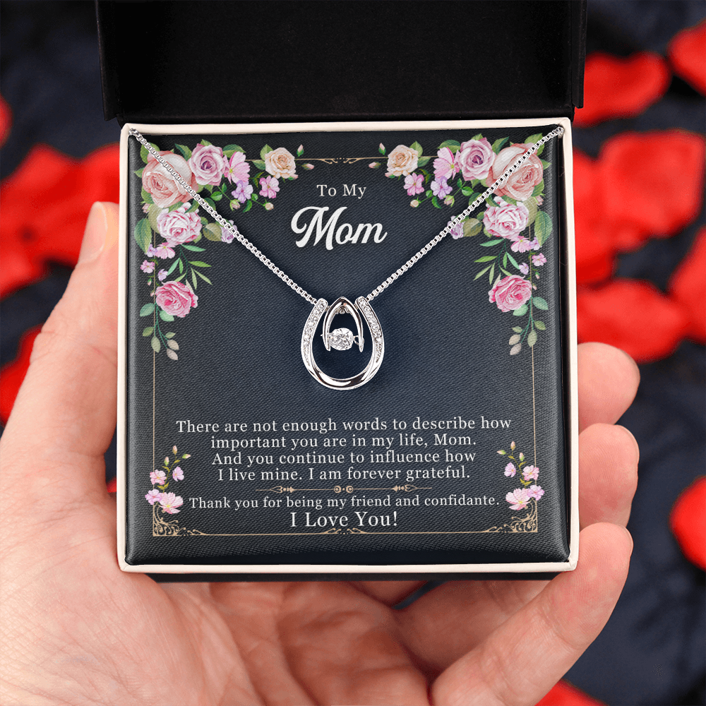 Mom Not Enough Words Lucky Horseshoe Necklace Message Card 14k w CZ Crystals-Express Your Love Gifts