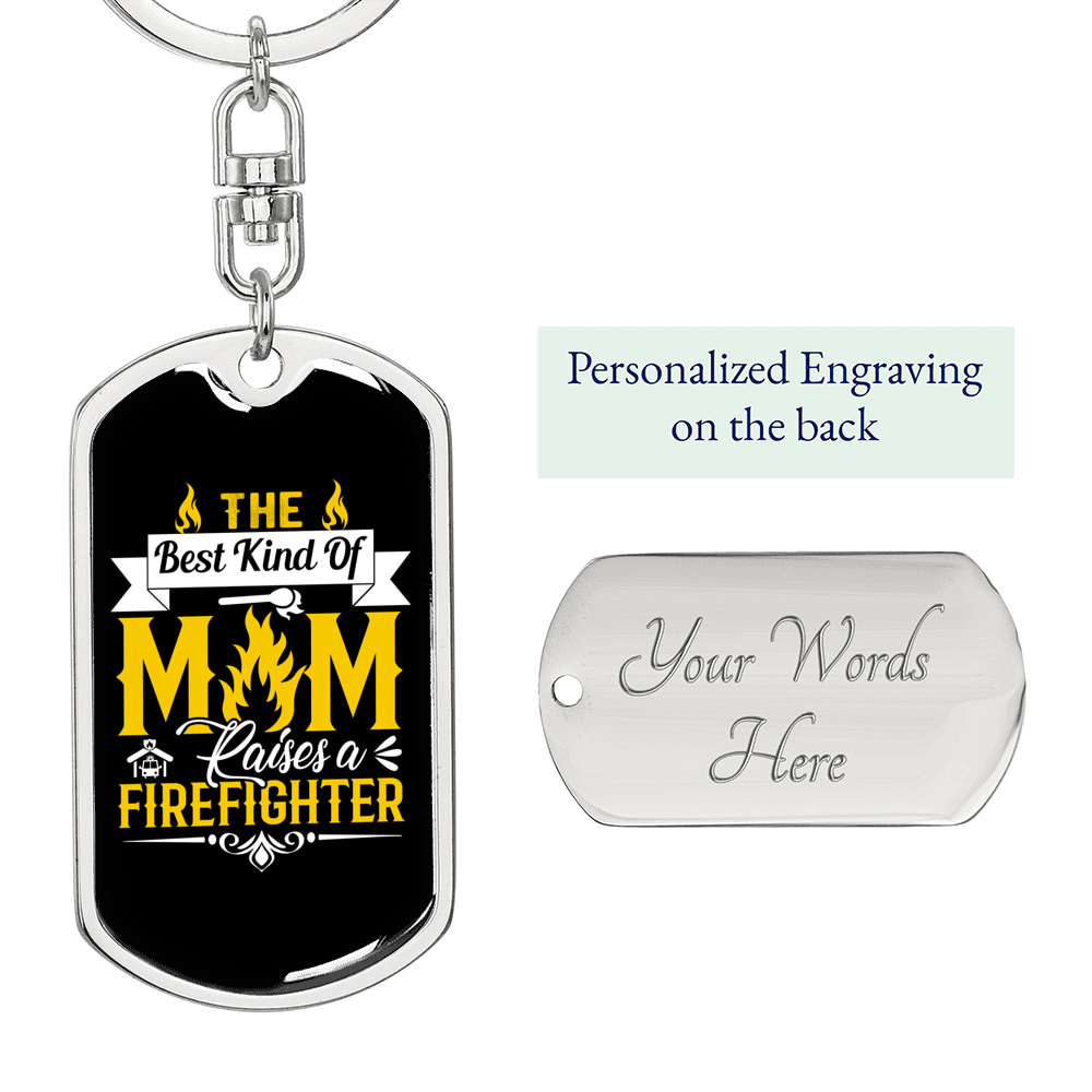 Mom Raises A Firefighter Keychain Stainless Steel or 18k Gold Dog Tag Keyring-Express Your Love Gifts