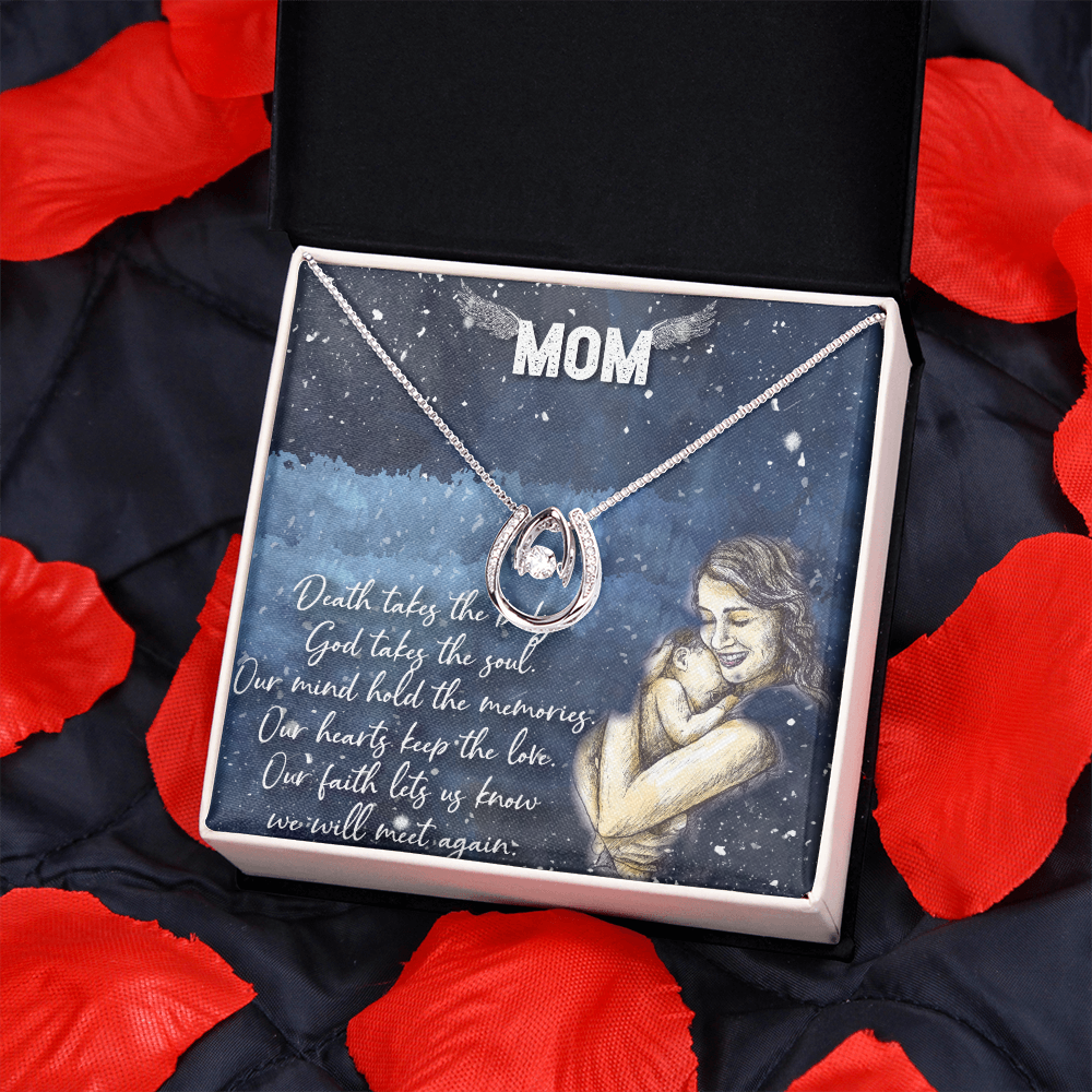 Mom Remembrance Lucky Horseshoe Necklace Message Card 14k w CZ Crystals-Express Your Love Gifts