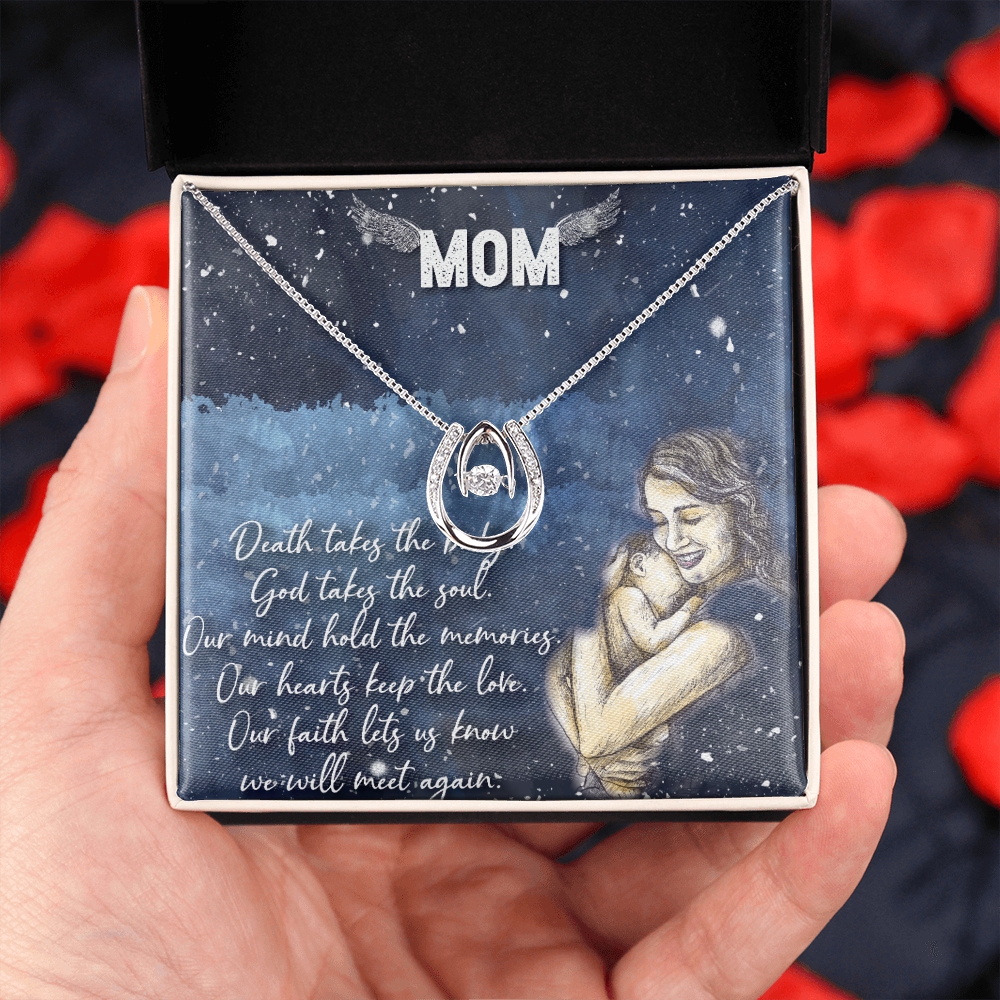 Mom Remembrance Lucky Horseshoe Necklace Message Card 14k w CZ Crystals-Express Your Love Gifts