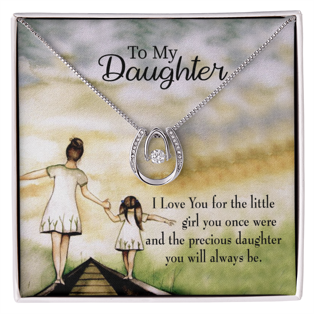 Mom&#39;s Precious Daughter Lucky Horseshoe Necklace Message Card 14k w CZ Crystals-Express Your Love Gifts