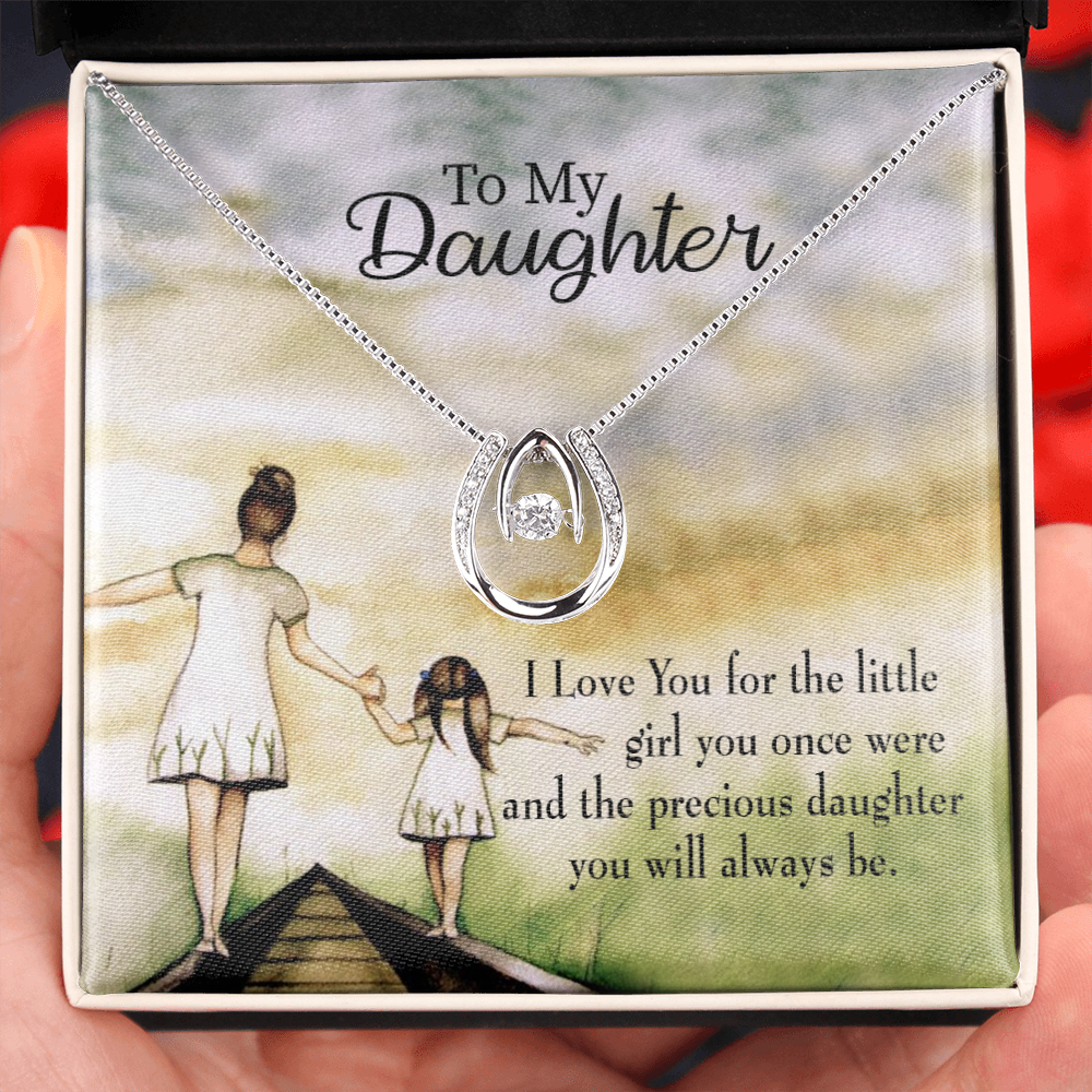 Mom's Precious Daughter Lucky Horseshoe Necklace Message Card 14k w CZ Crystals-Express Your Love Gifts