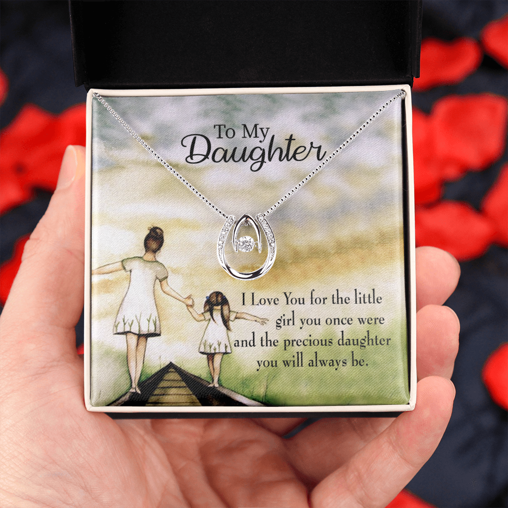 Mom's Precious Daughter Lucky Horseshoe Necklace Message Card 14k w CZ Crystals-Express Your Love Gifts