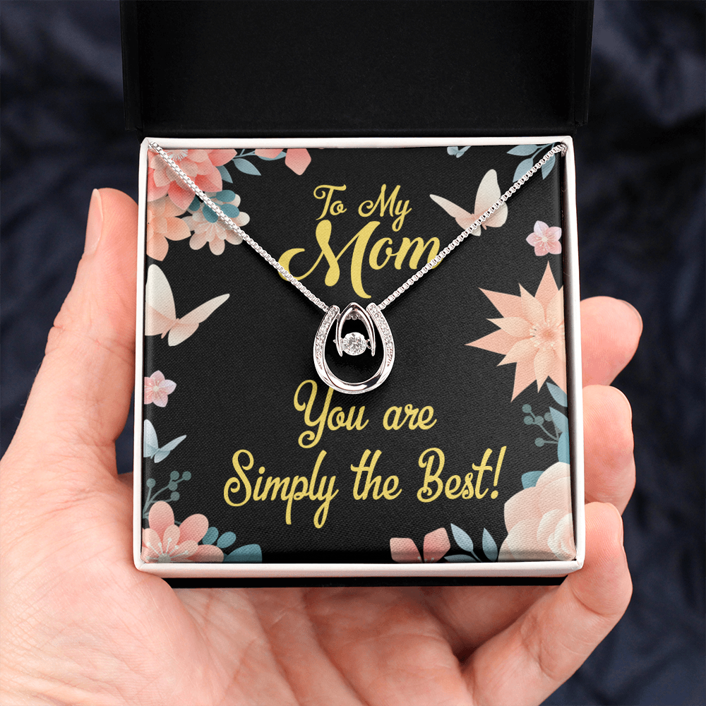 Mom Simply the Best Lucky Horseshoe Necklace Message Card 14k w CZ Crystals-Express Your Love Gifts