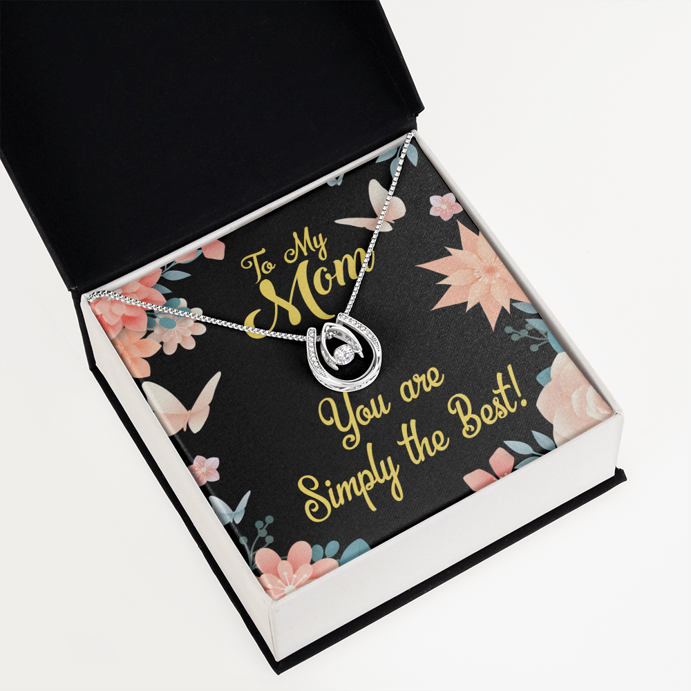 Mom Simply the Best Lucky Horseshoe Necklace Message Card 14k w CZ Crystals-Express Your Love Gifts