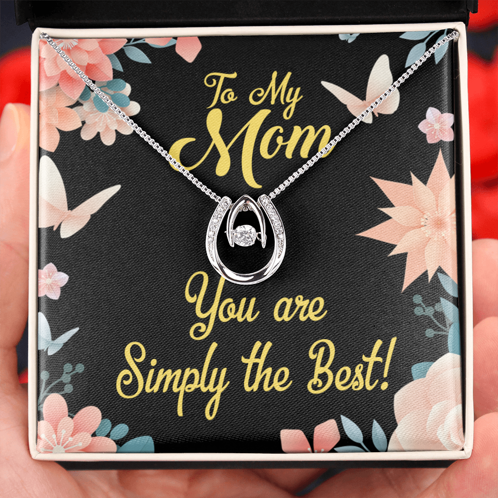 Mom Simply the Best Lucky Horseshoe Necklace Message Card 14k w CZ Crystals-Express Your Love Gifts