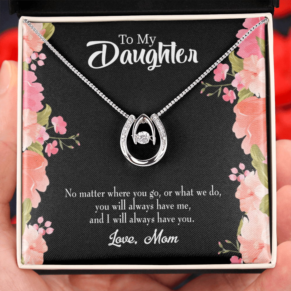 Mom To Daughter Lucky Horseshoe Necklace Message Card 14k w CZ Crystals-Express Your Love Gifts