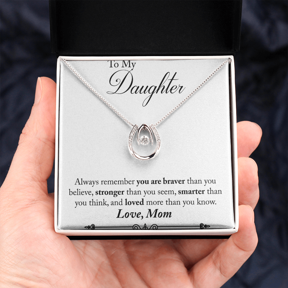 Mom to Daughter Remember Always Lucky Horseshoe Necklace Message Card 14k w CZ Crystals-Express Your Love Gifts