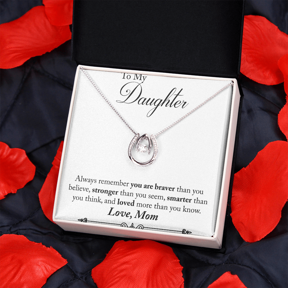 Mom to Daughter Remember Always Lucky Horseshoe Necklace Message Card 14k w CZ Crystals-Express Your Love Gifts