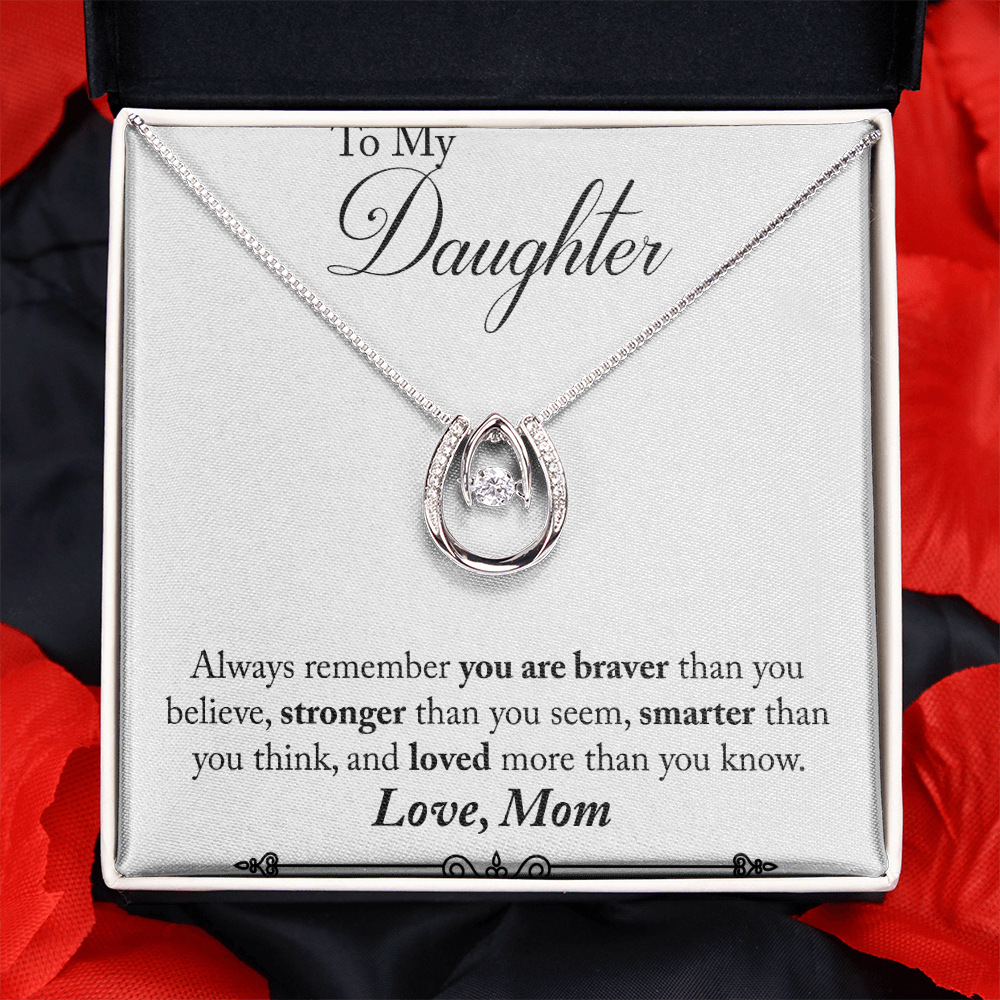 Mom to Daughter Remember Always Lucky Horseshoe Necklace Message Card 14k w CZ Crystals-Express Your Love Gifts