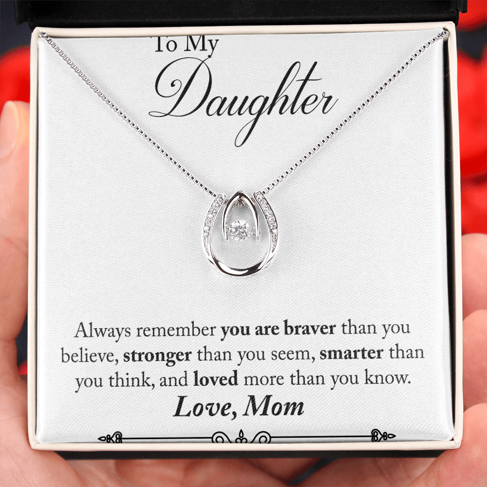 Mom to Daughter Remember Always Lucky Horseshoe Necklace Message Card 14k w CZ Crystals-Express Your Love Gifts