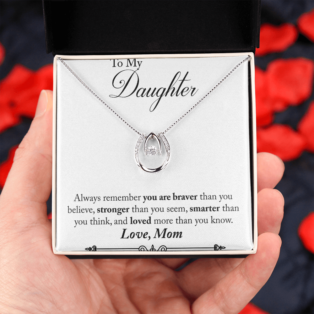 Mom to Daughter Remember Always Lucky Horseshoe Necklace Message Card 14k w CZ Crystals-Express Your Love Gifts