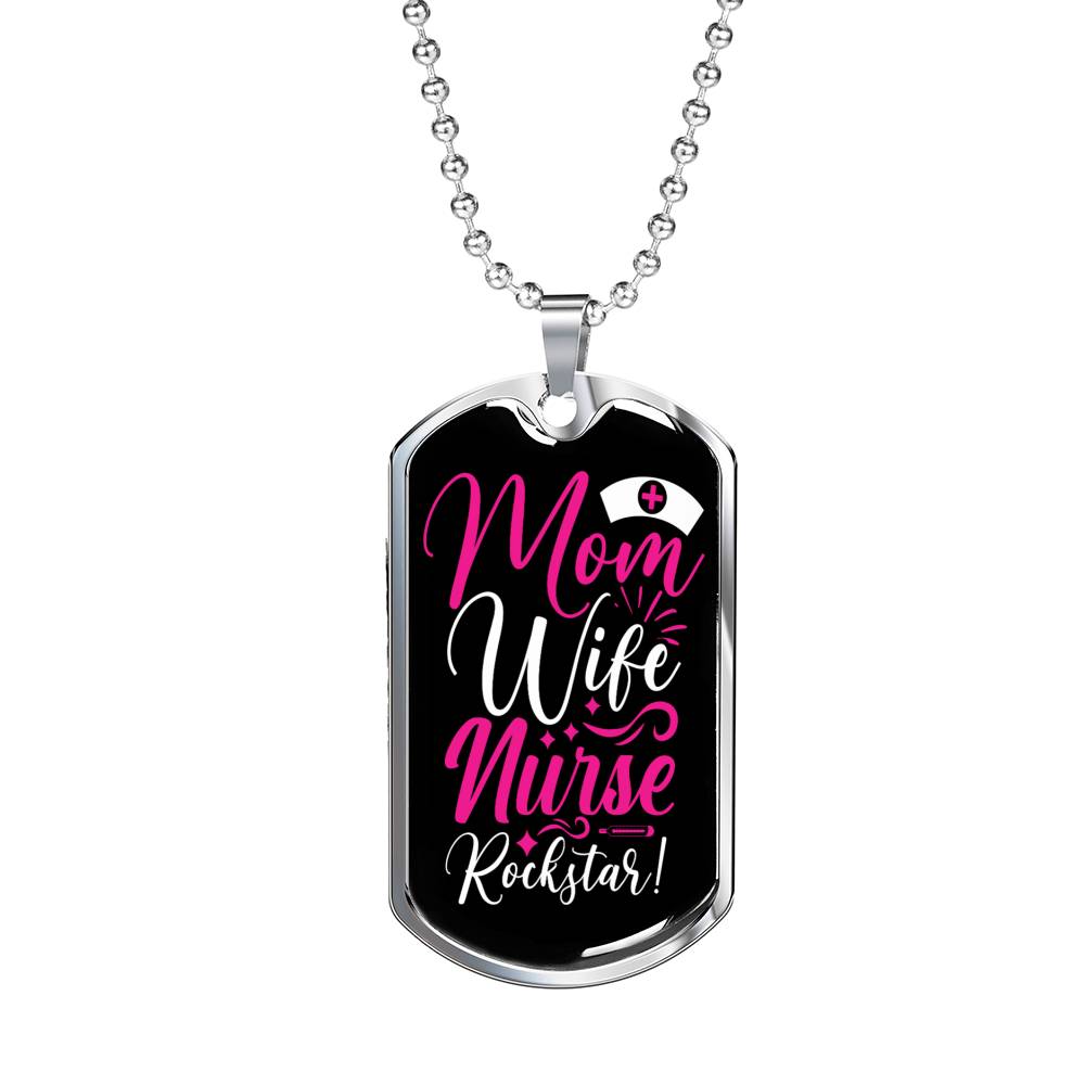 Mom Wife Nurse Rockstar Necklace Stainless Steel or 18k Gold Dog Tag 24" Chain-Express Your Love Gifts