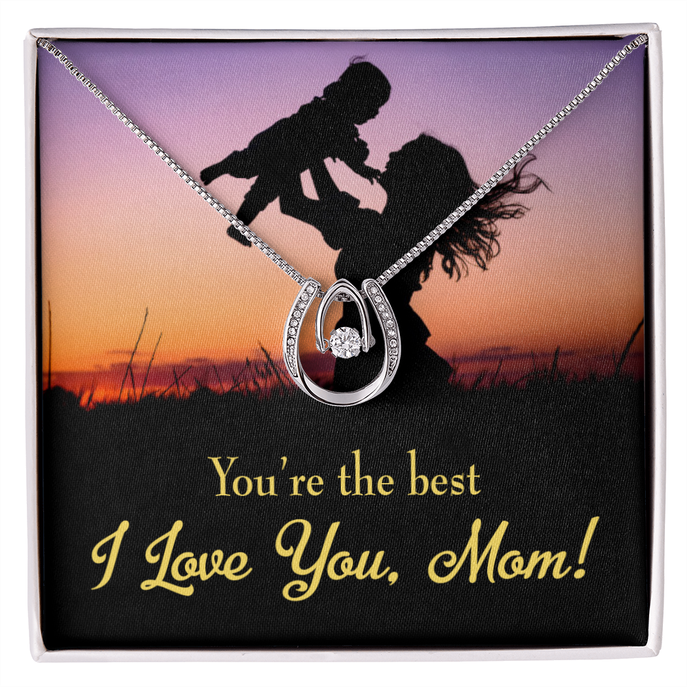 Mom You&#39;re the Best Lucky Horseshoe Necklace Message Card 14k w CZ Crystals-Express Your Love Gifts