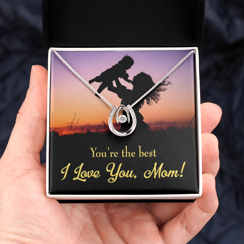 Mom You're the Best Lucky Horseshoe Necklace Message Card 14k w CZ Crystals-Express Your Love Gifts