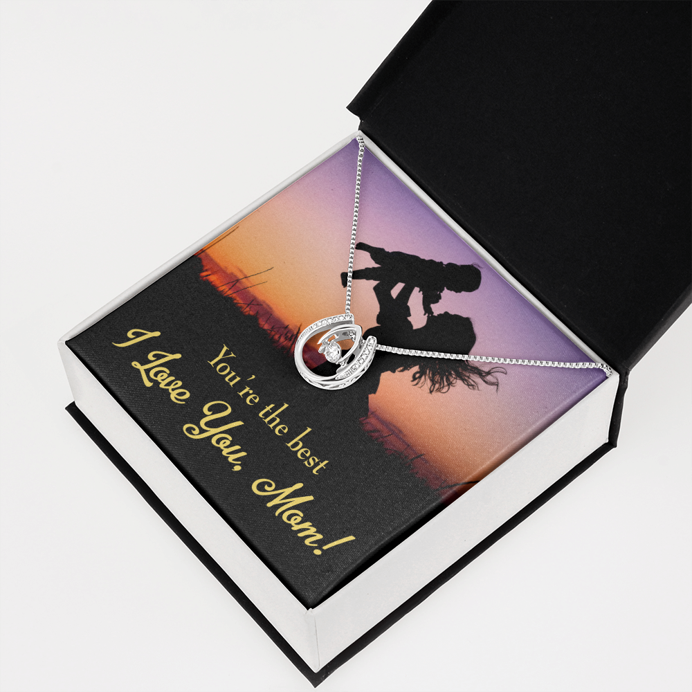 Mom You're the Best Lucky Horseshoe Necklace Message Card 14k w CZ Crystals-Express Your Love Gifts