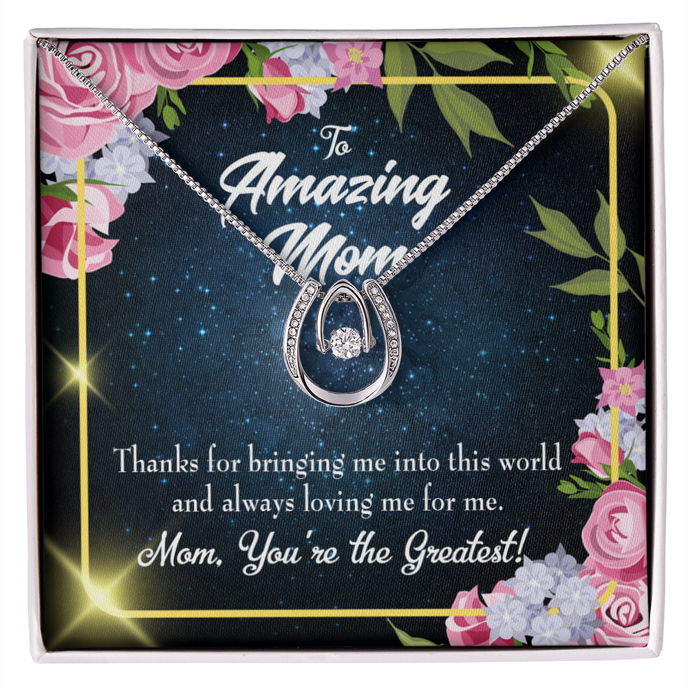 Mom You&#39;re the Greatest Lucky Horseshoe Necklace Message Card 14k w CZ Crystals-Express Your Love Gifts