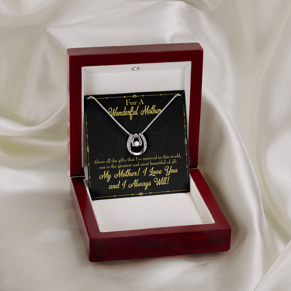 Mother Above All Gifts Lucky Horseshoe Necklace Message Card 14k w CZ Crystals-Express Your Love Gifts