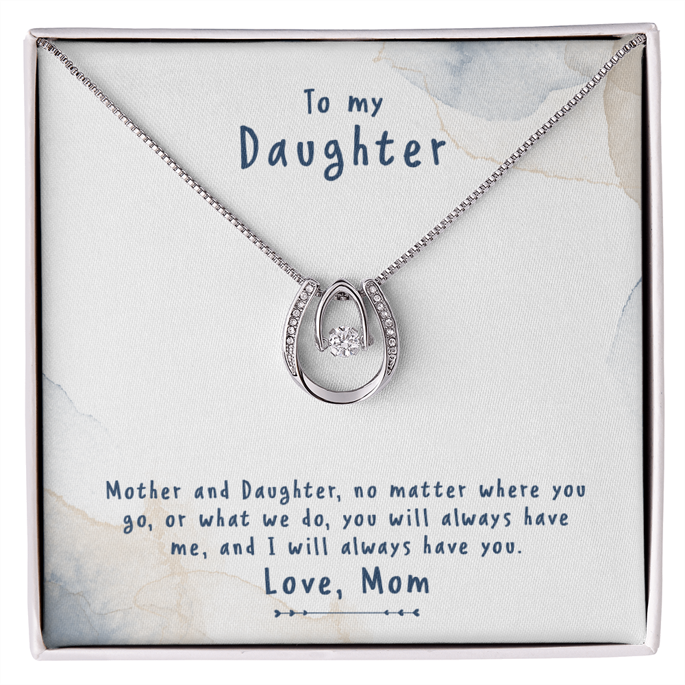 Mother-and-Daughter-no-matter Lucky Horseshoe Necklace Message Card 14k w CZ Crystals-Express Your Love Gifts