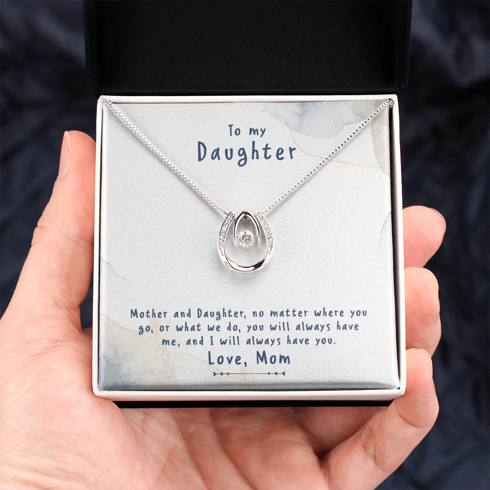 Mother-and-Daughter-no-matter Lucky Horseshoe Necklace Message Card 14k w CZ Crystals-Express Your Love Gifts