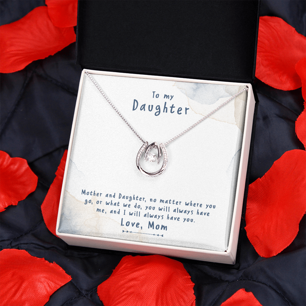 Mother-and-Daughter-no-matter Lucky Horseshoe Necklace Message Card 14k w CZ Crystals-Express Your Love Gifts