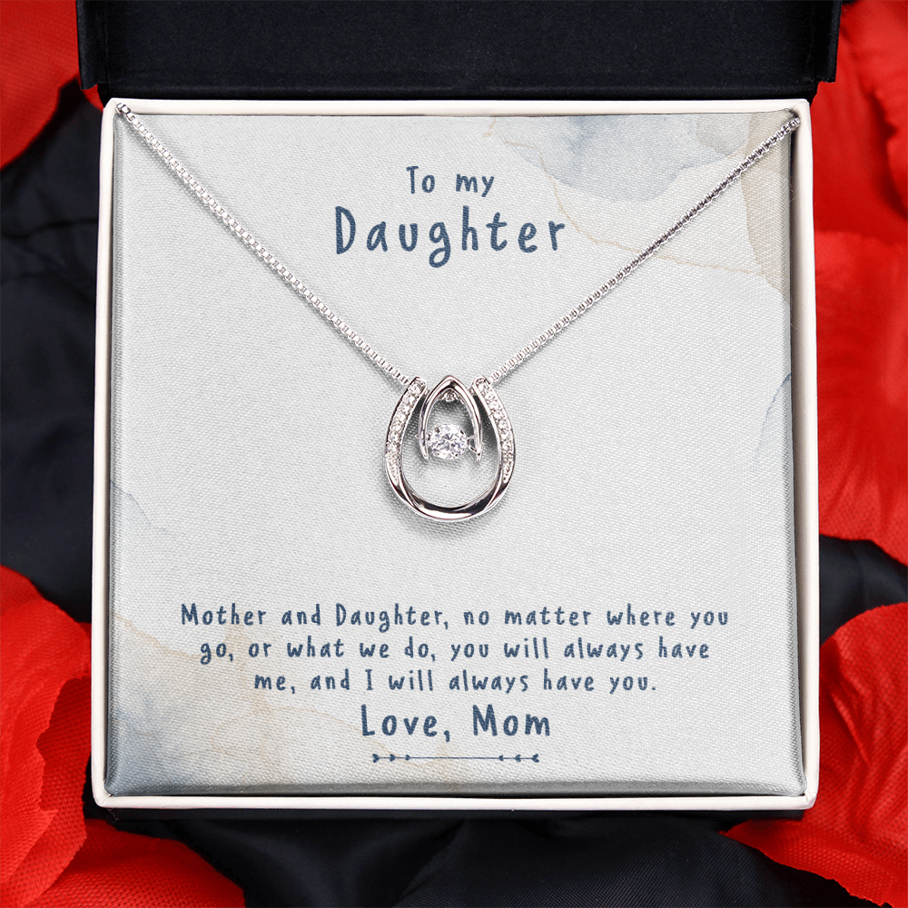 Mother-and-Daughter-no-matter Lucky Horseshoe Necklace Message Card 14k w CZ Crystals-Express Your Love Gifts