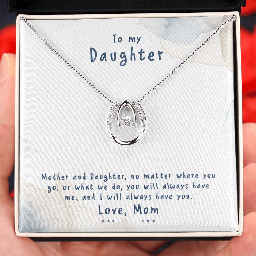 Mother-and-Daughter-no-matter Lucky Horseshoe Necklace Message Card 14k w CZ Crystals-Express Your Love Gifts