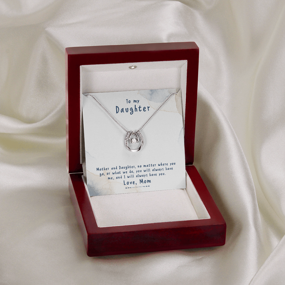 Mother-and-Daughter-no-matter Lucky Horseshoe Necklace Message Card 14k w CZ Crystals-Express Your Love Gifts