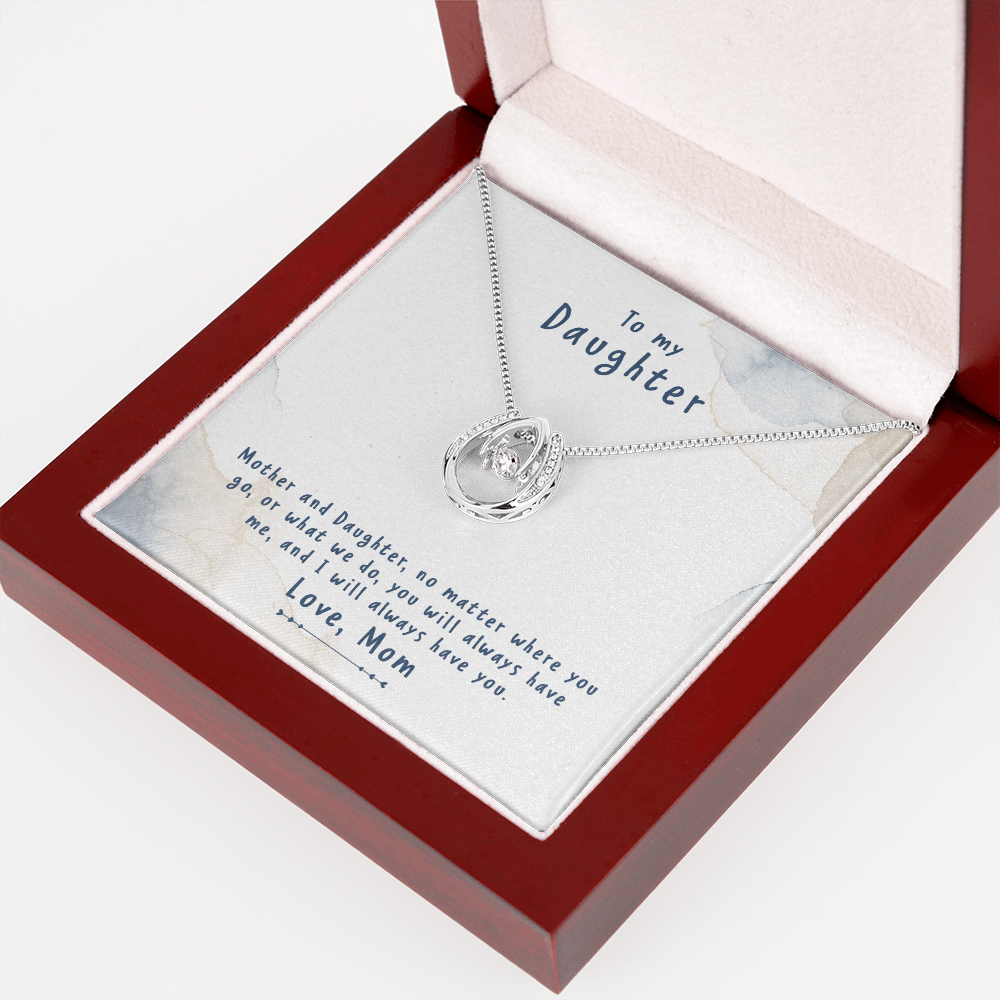 Mother-and-Daughter-no-matter Lucky Horseshoe Necklace Message Card 14k w CZ Crystals-Express Your Love Gifts