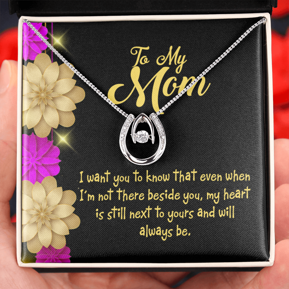 Mother Beside You Lucky Horseshoe Necklace Message Card 14k w CZ Crystals-Express Your Love Gifts