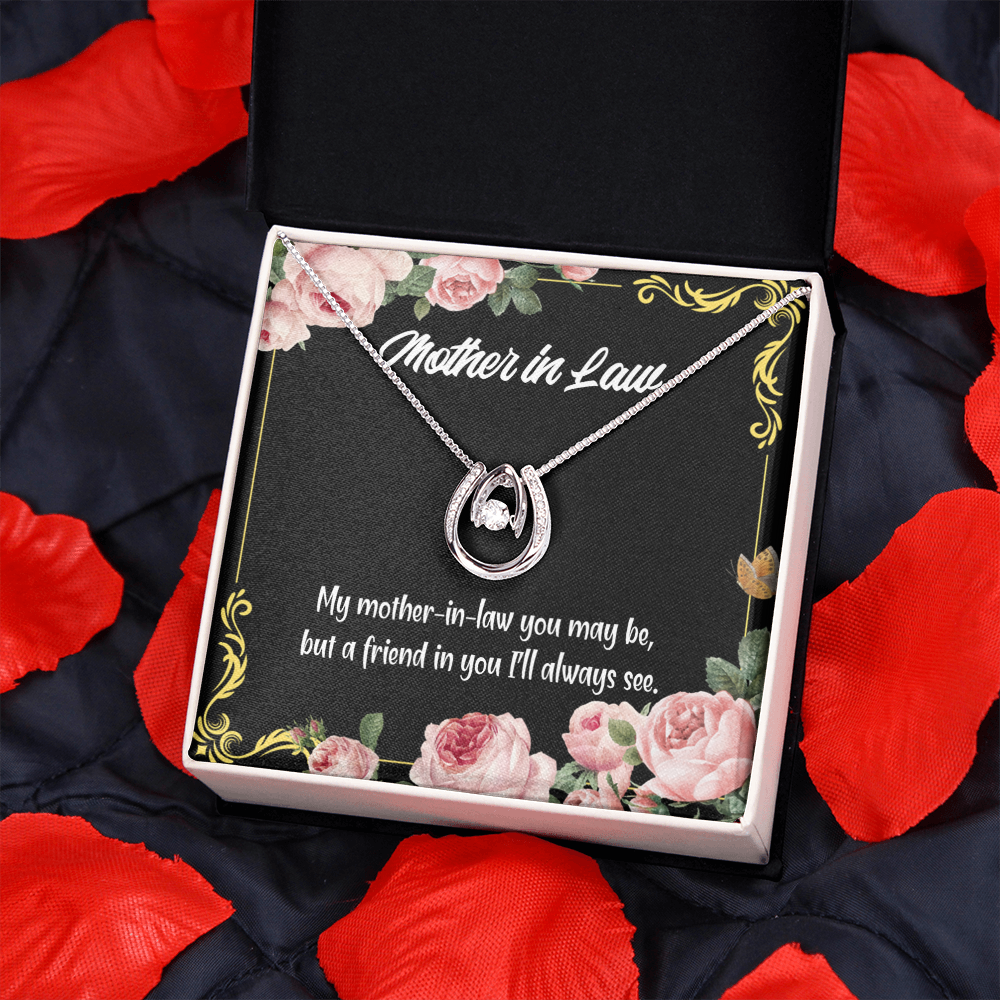 Mother-in-Law and Friend Lucky Horseshoe Necklace Message Card 14k w CZ Crystals-Express Your Love Gifts