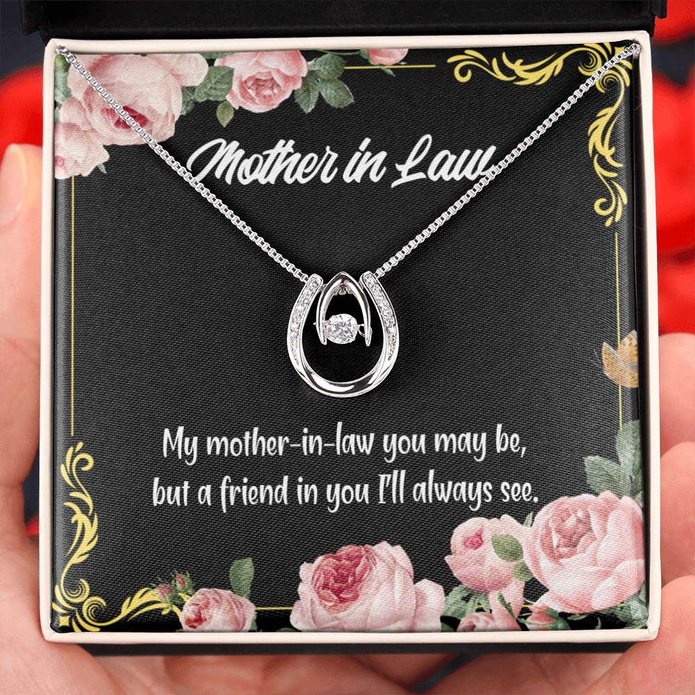 Mother-in-Law and Friend Lucky Horseshoe Necklace Message Card 14k w CZ Crystals-Express Your Love Gifts