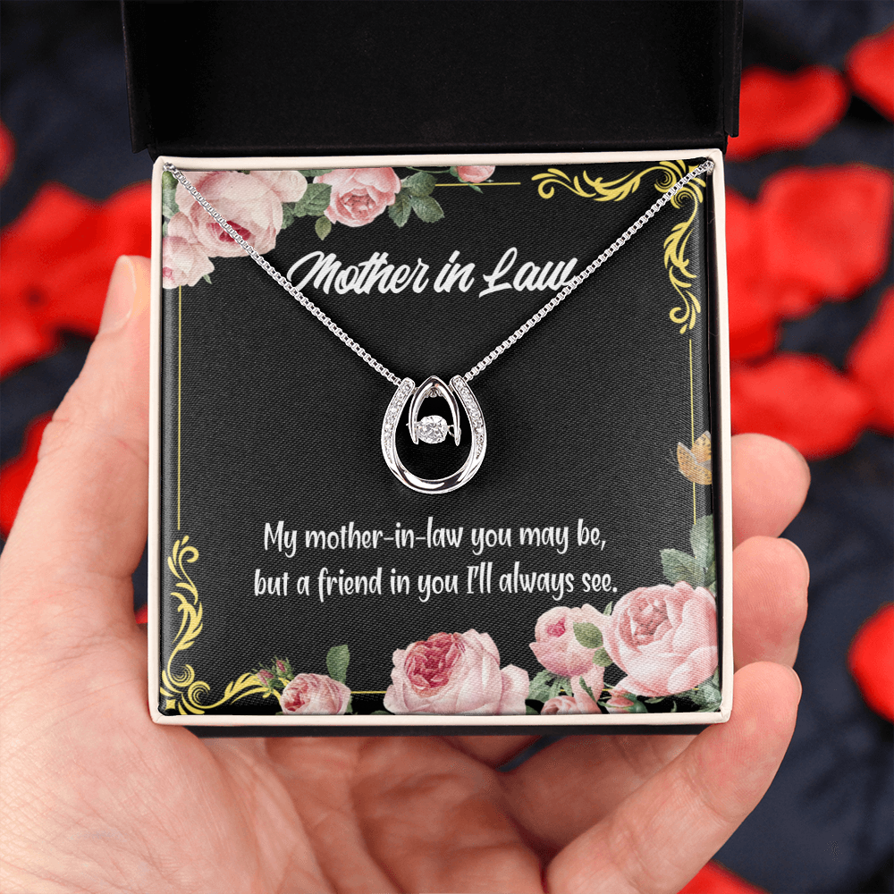 Mother-in-Law and Friend Lucky Horseshoe Necklace Message Card 14k w CZ Crystals-Express Your Love Gifts