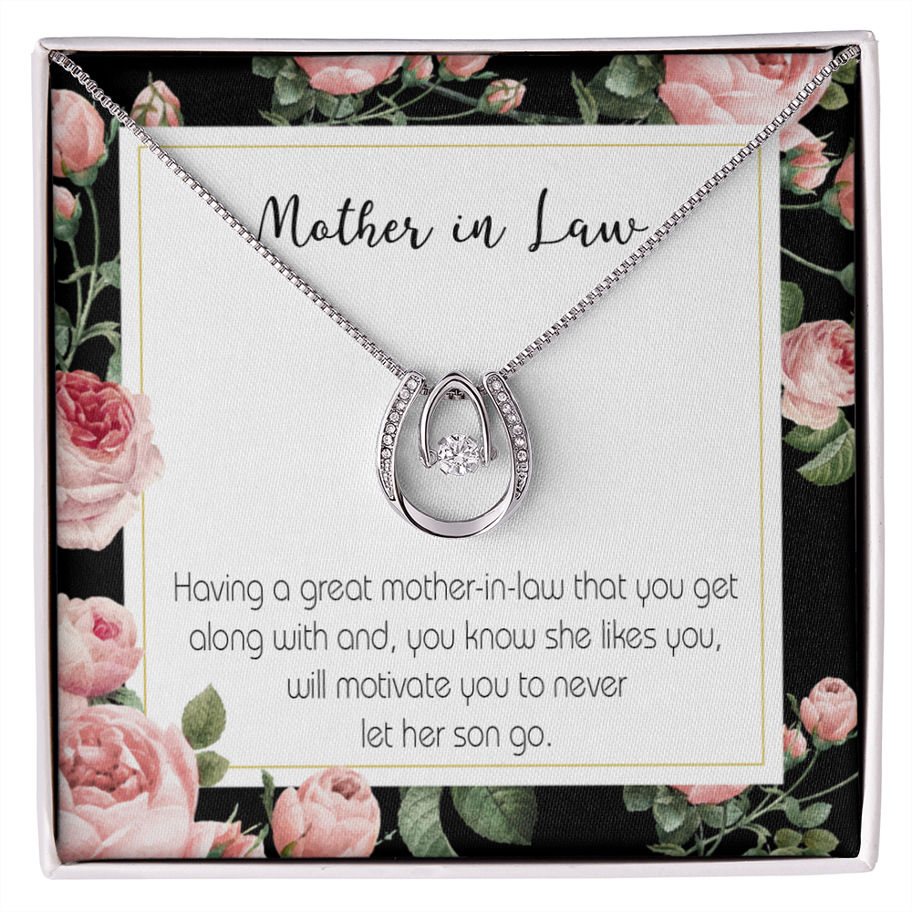 Mother-in-Law That Motivate Lucky Horseshoe Necklace Message Card 14k w CZ Crystals-Express Your Love Gifts