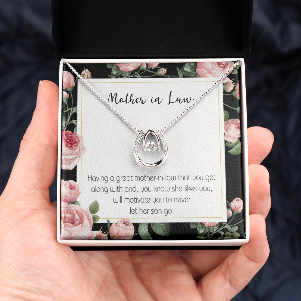 Mother-in-Law That Motivate Lucky Horseshoe Necklace Message Card 14k w CZ Crystals-Express Your Love Gifts