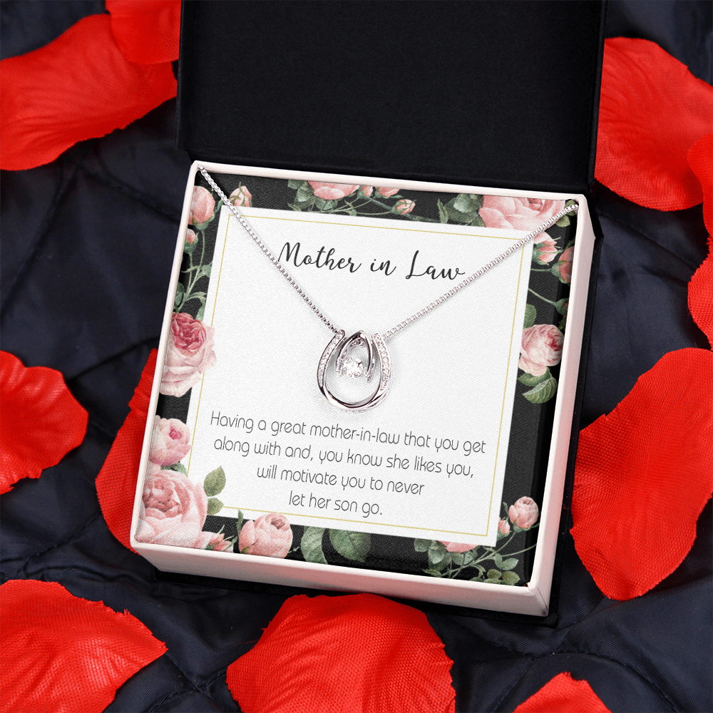 Mother-in-Law That Motivate Lucky Horseshoe Necklace Message Card 14k w CZ Crystals-Express Your Love Gifts