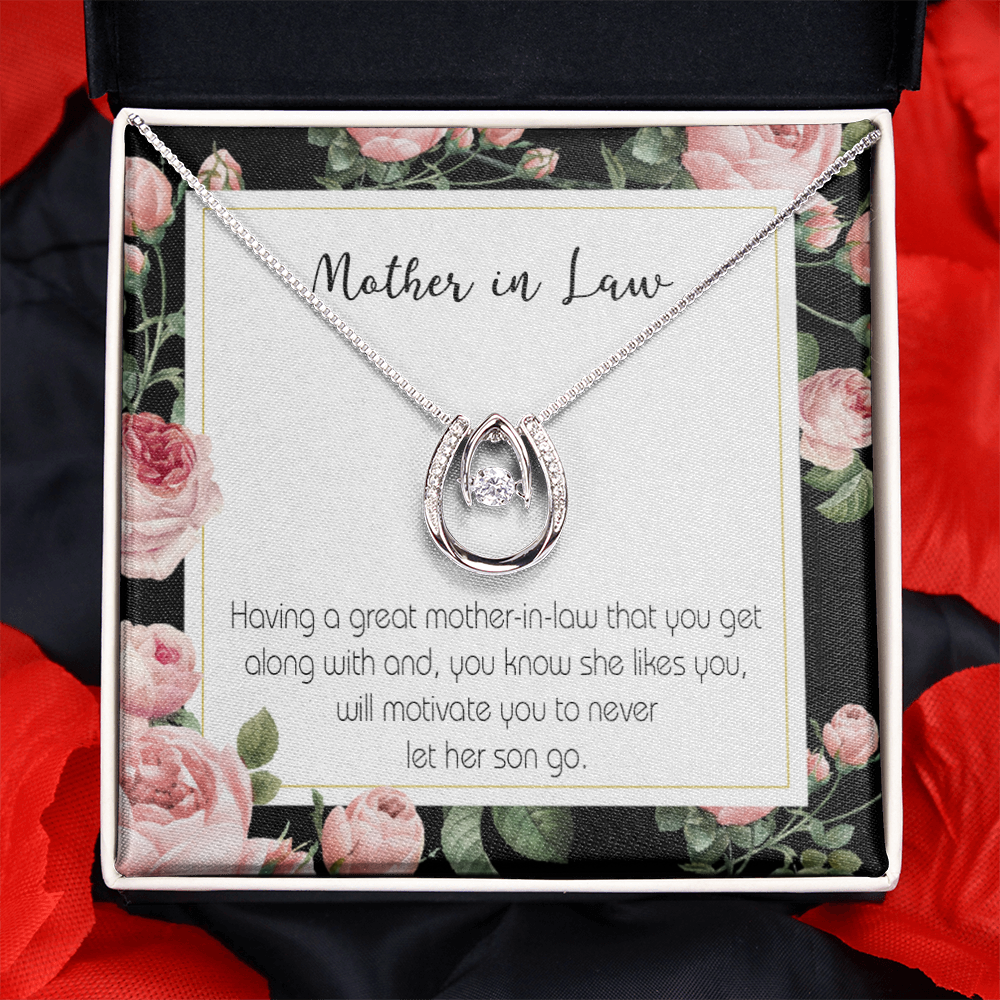 Mother-in-Law That Motivate Lucky Horseshoe Necklace Message Card 14k w CZ Crystals-Express Your Love Gifts