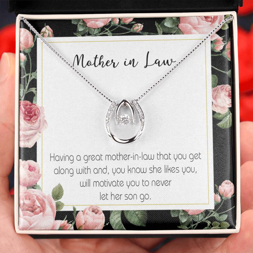 Mother-in-Law That Motivate Lucky Horseshoe Necklace Message Card 14k w CZ Crystals-Express Your Love Gifts