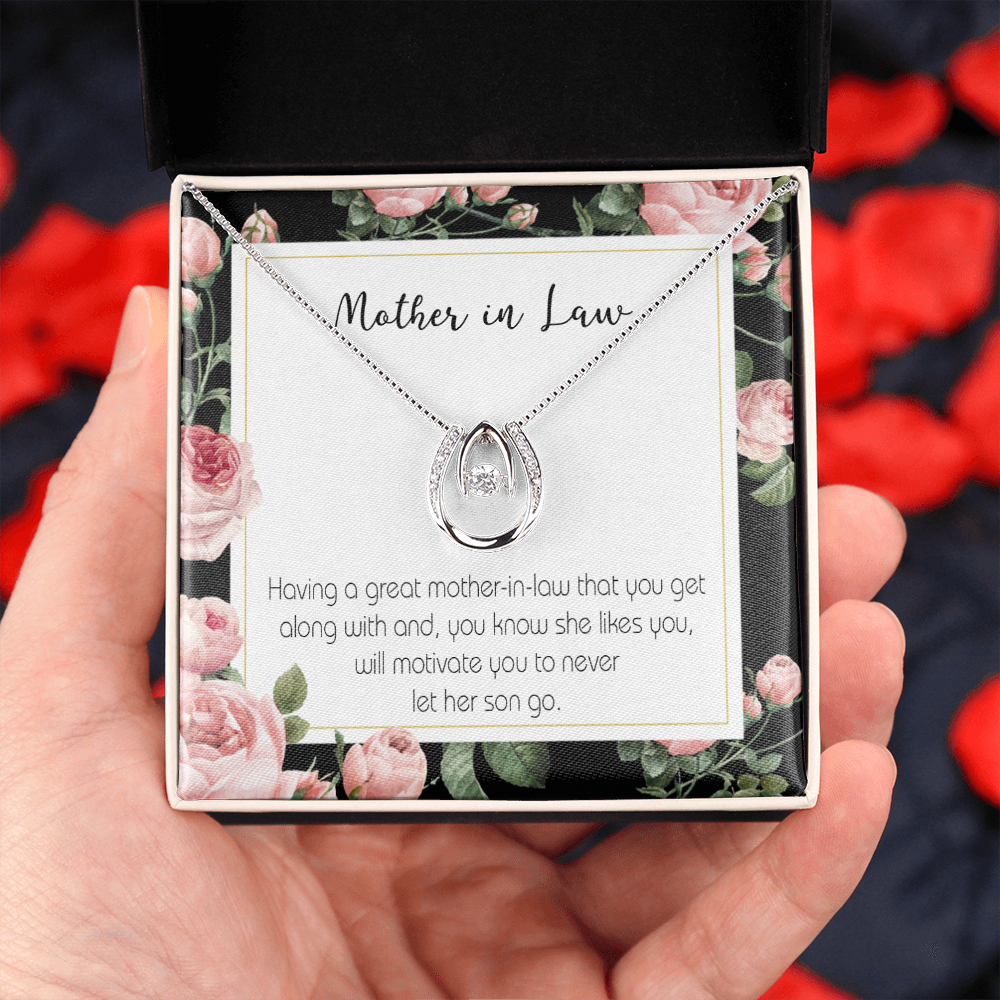 Mother-in-Law That Motivate Lucky Horseshoe Necklace Message Card 14k w CZ Crystals-Express Your Love Gifts