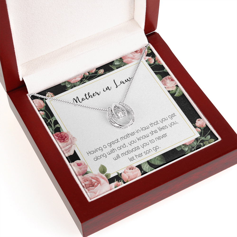 Mother-in-Law That Motivate Lucky Horseshoe Necklace Message Card 14k w CZ Crystals-Express Your Love Gifts