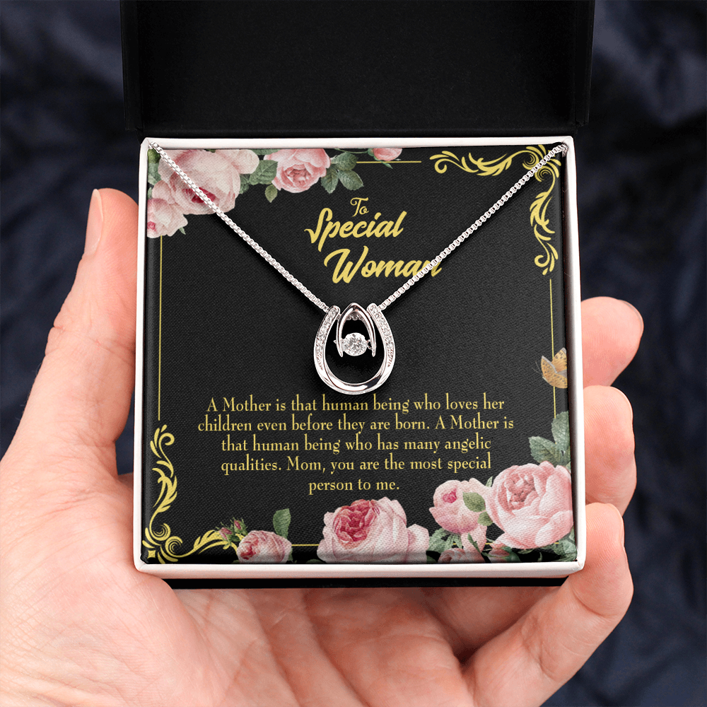 Mother is Human Lucky Horseshoe Necklace Message Card 14k w CZ Crystals-Express Your Love Gifts