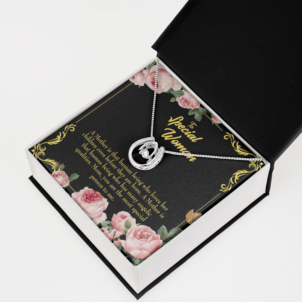 Mother is Human Lucky Horseshoe Necklace Message Card 14k w CZ Crystals-Express Your Love Gifts