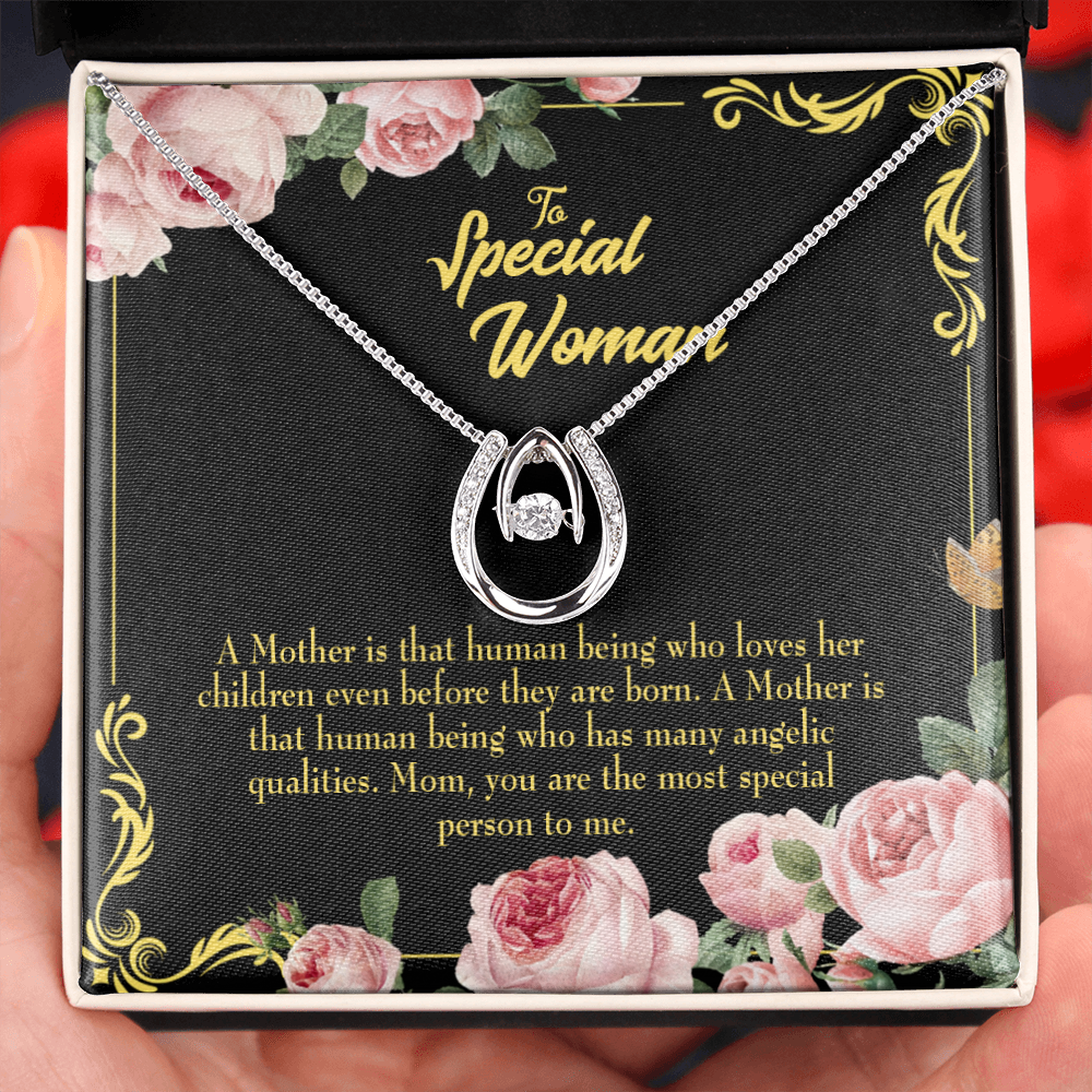 Mother is Human Lucky Horseshoe Necklace Message Card 14k w CZ Crystals-Express Your Love Gifts