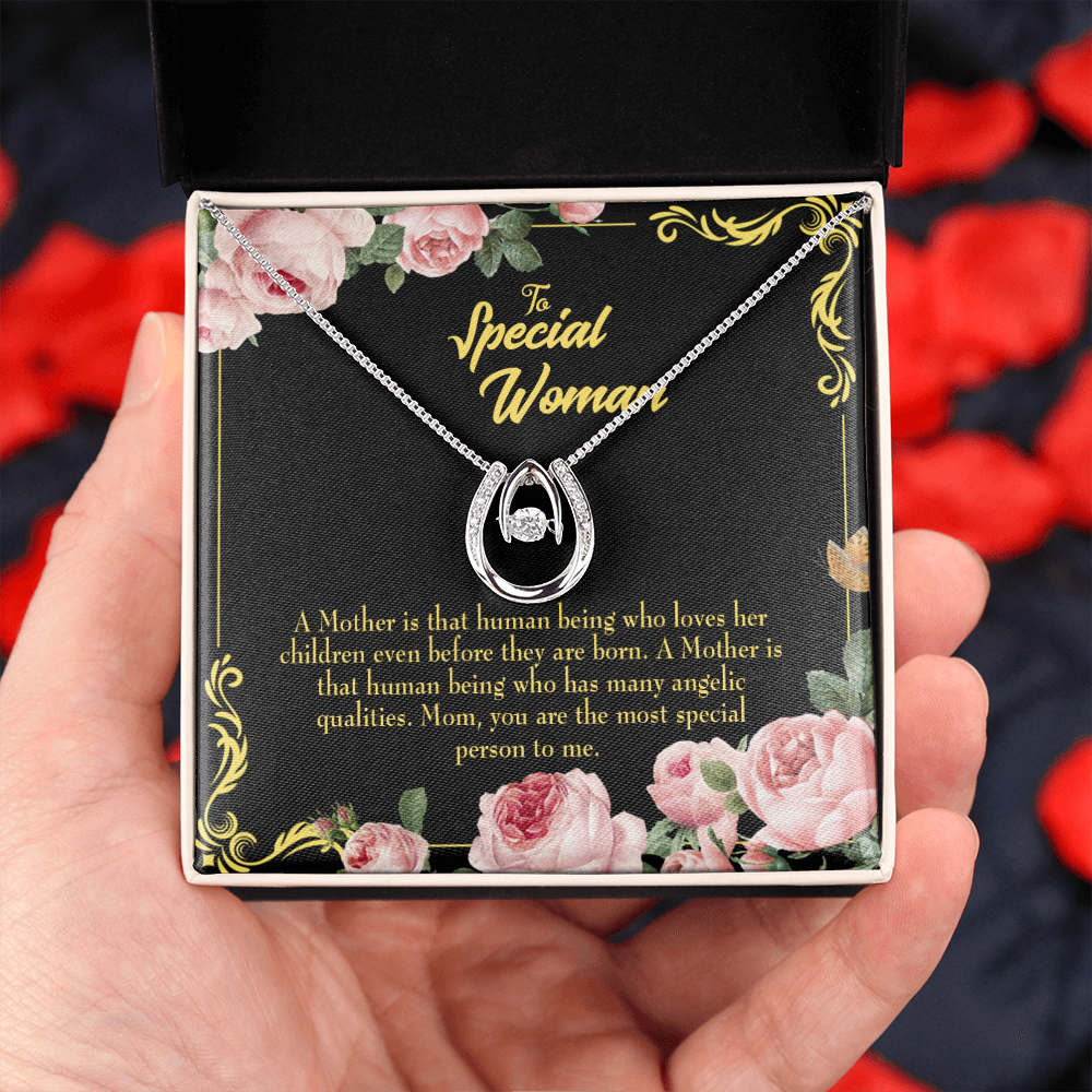 Mother is Human Lucky Horseshoe Necklace Message Card 14k w CZ Crystals-Express Your Love Gifts