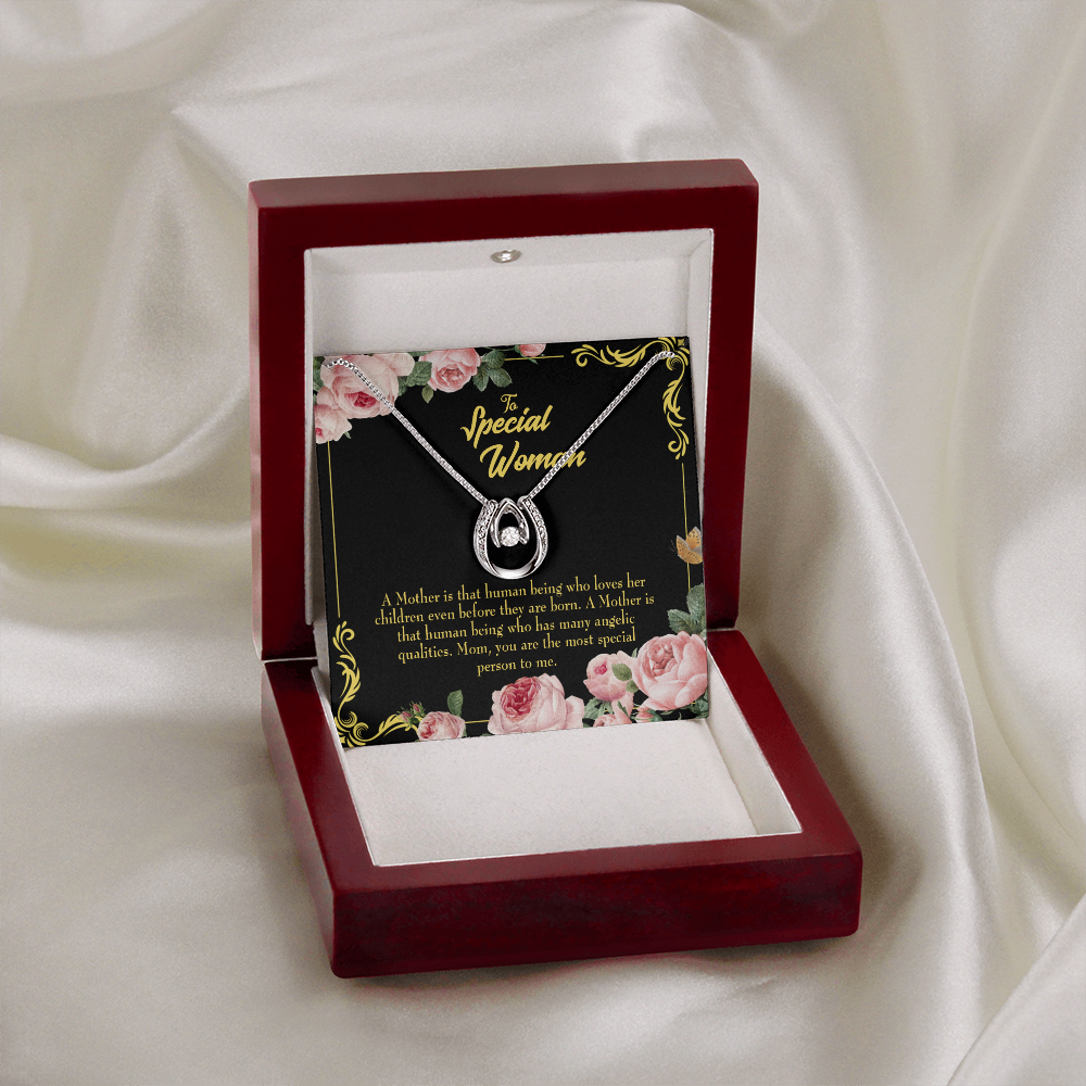 Mother is Human Lucky Horseshoe Necklace Message Card 14k w CZ Crystals-Express Your Love Gifts