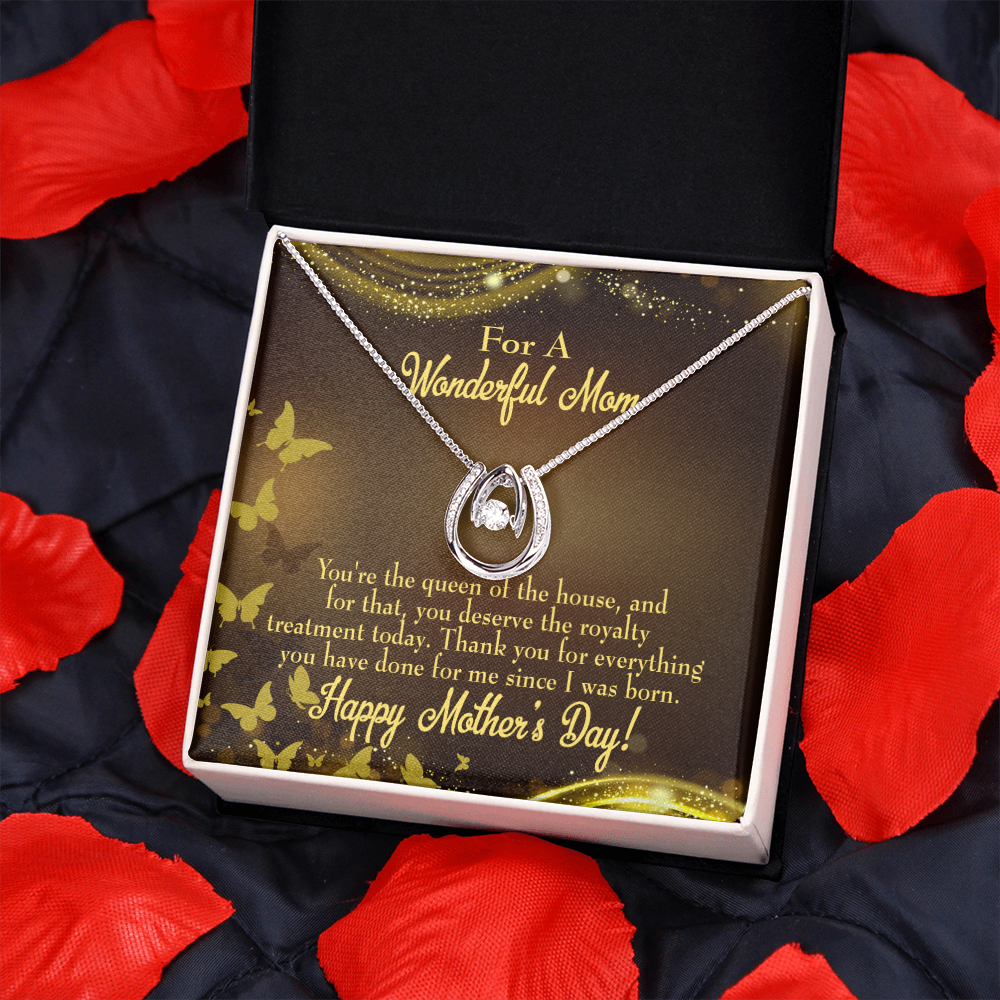 Mother Queen of House Lucky Horseshoe Necklace Message Card 14k w CZ Crystals-Express Your Love Gifts