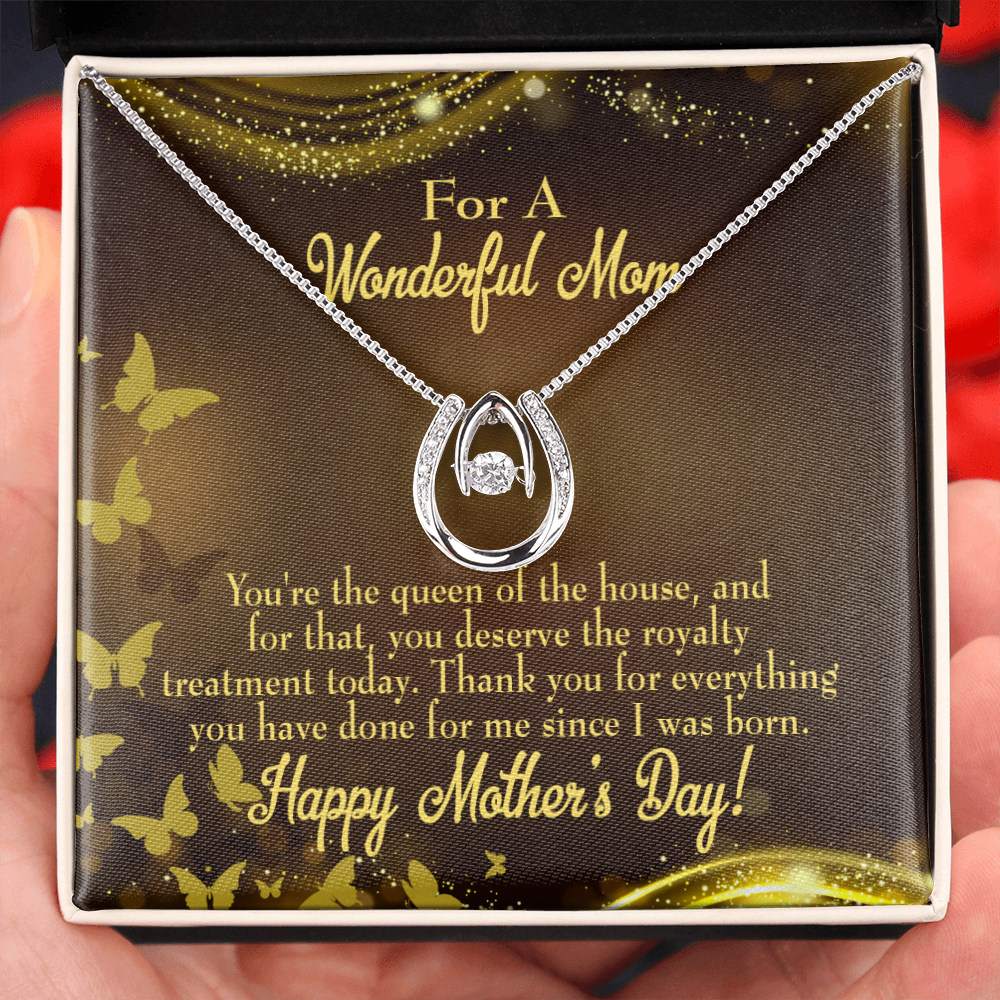 Mother Queen of House Lucky Horseshoe Necklace Message Card 14k w CZ Crystals-Express Your Love Gifts