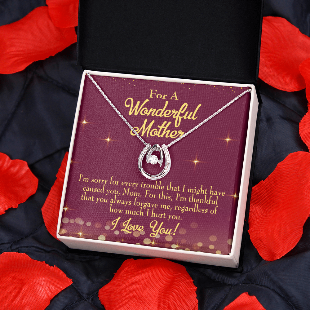 Mother Sorry Lucky Horseshoe Necklace Message Card 14k w CZ Crystals-Express Your Love Gifts